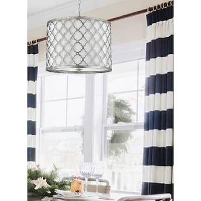 Antique Silver Drum Pendant with 3 Lights and Transitional Shade