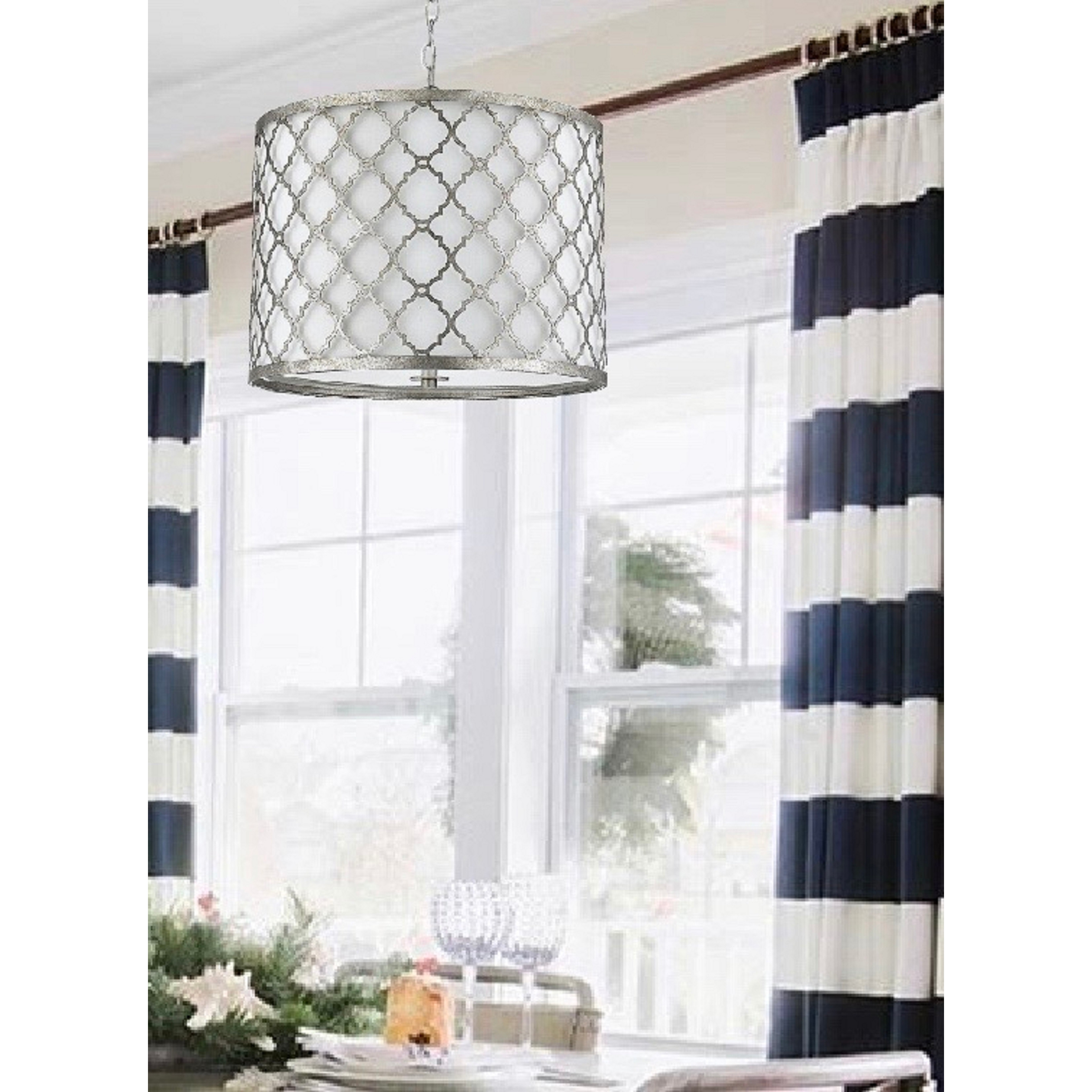 Antique Silver Drum Pendant with 3 Lights and Transitional Shade