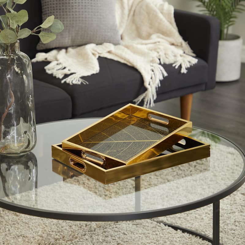 Plastic Geometric Living Room Decor Tray with Black Glass - Set of 2 Gold - Roche River Decor