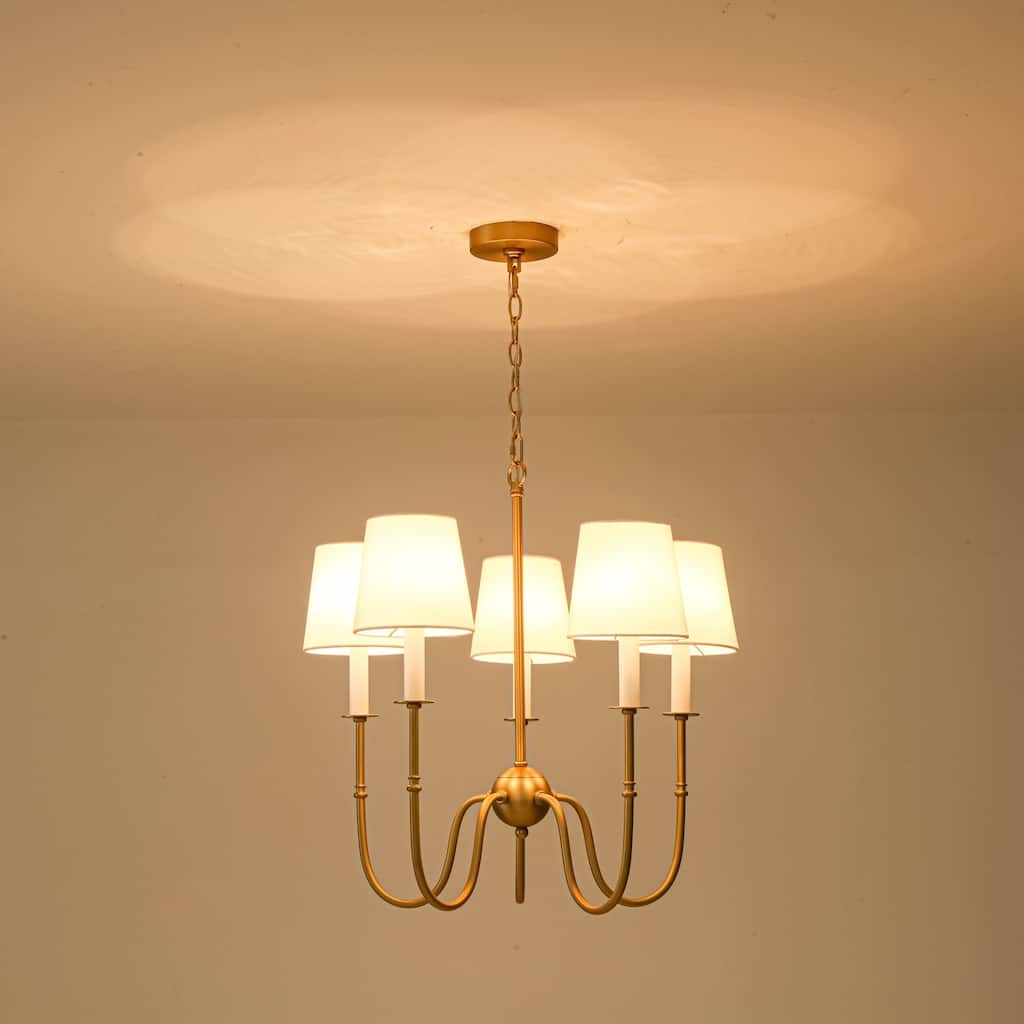 5-Light Vintage Luxury TC Fabric Shade Gold Metal Chandelier for Dining Room - 23.6 in. W x 23.6 in. D x 23.6 in. H