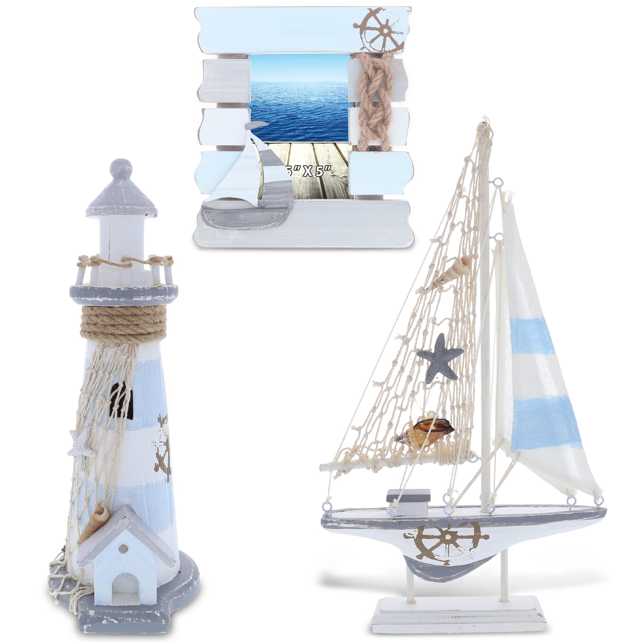 CoTa Global Moonlight Nautical Photo Frame, Lighthouse Figure and Boat