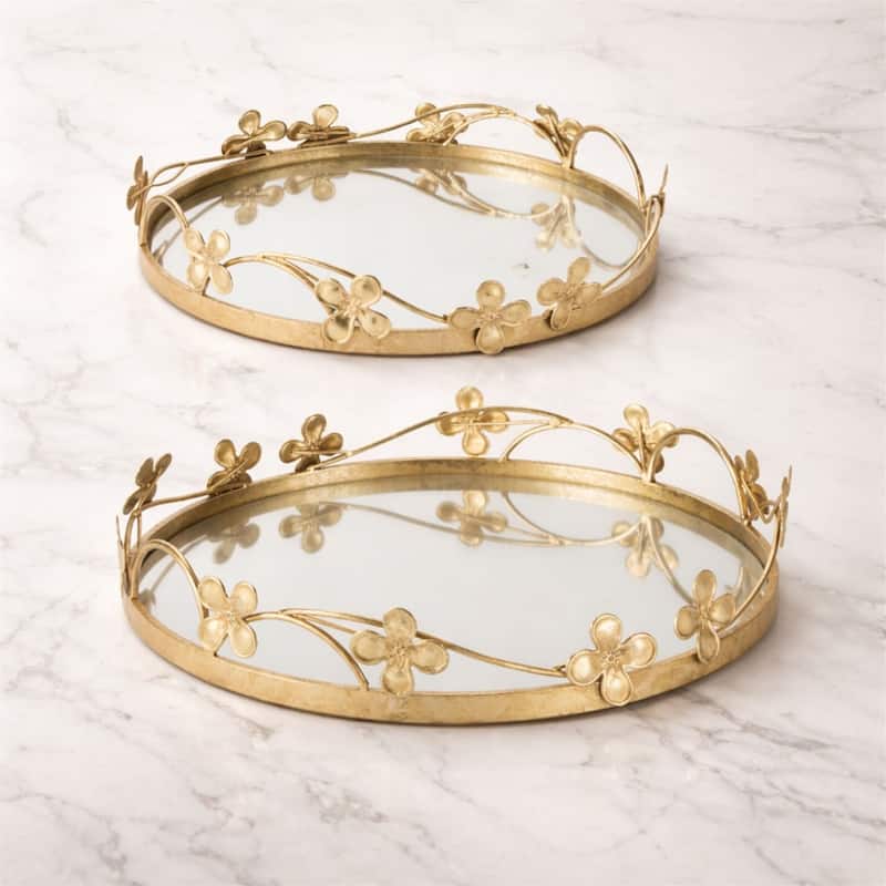 Floral Sculpted Mirror Tray (Set of 2)
