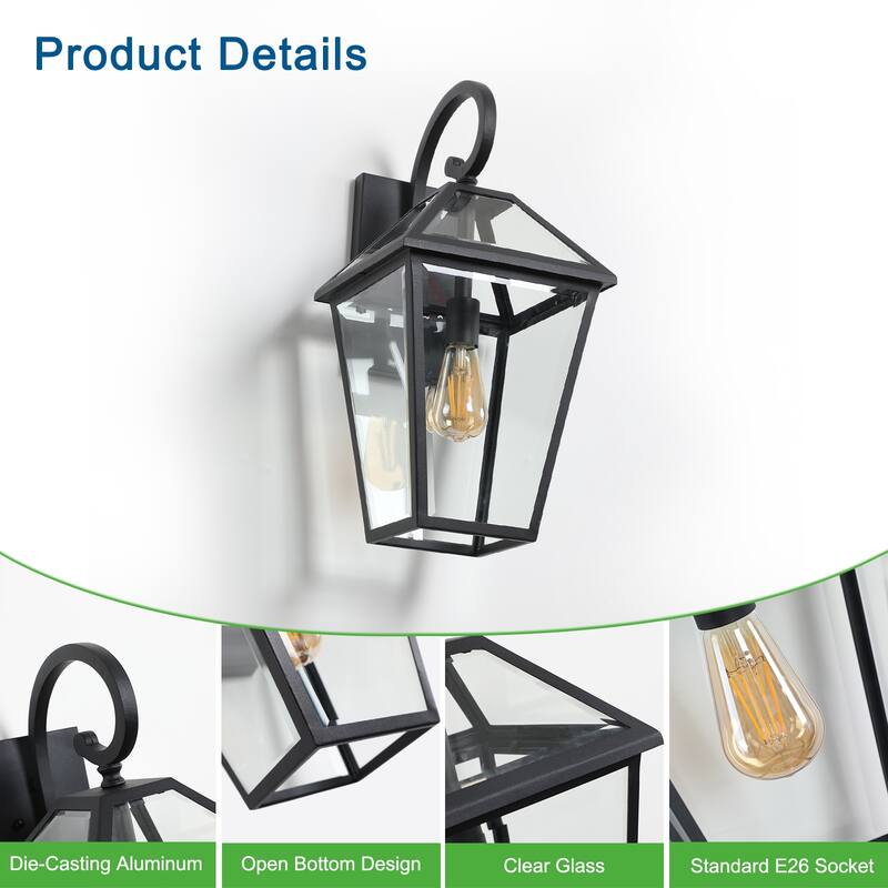 21"(H) 1-Pack Outdoor Wall Lantern Light - Modern Black Metal & Clear Glass Sconce for Porch, Patio, and Garden Lighting