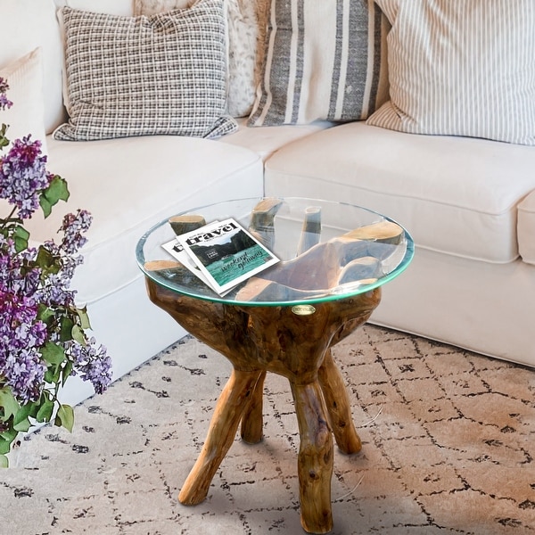 Chic Teak Rustic Teak Wood Root Side Table with 24 Inch Round
