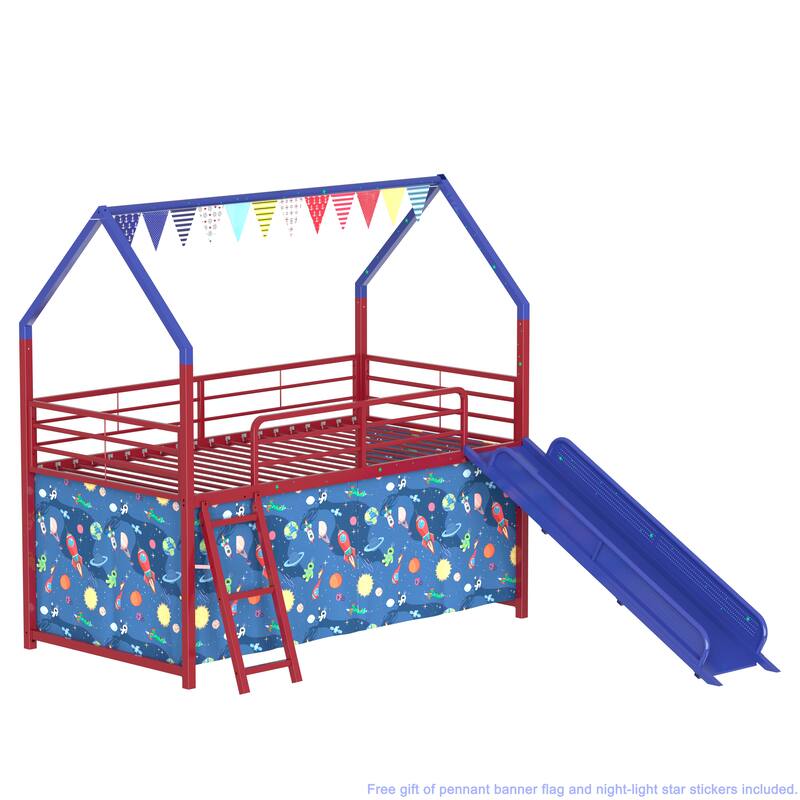 Superhero Themed Twin Loft Bed with Slide and Safety Features for Kids