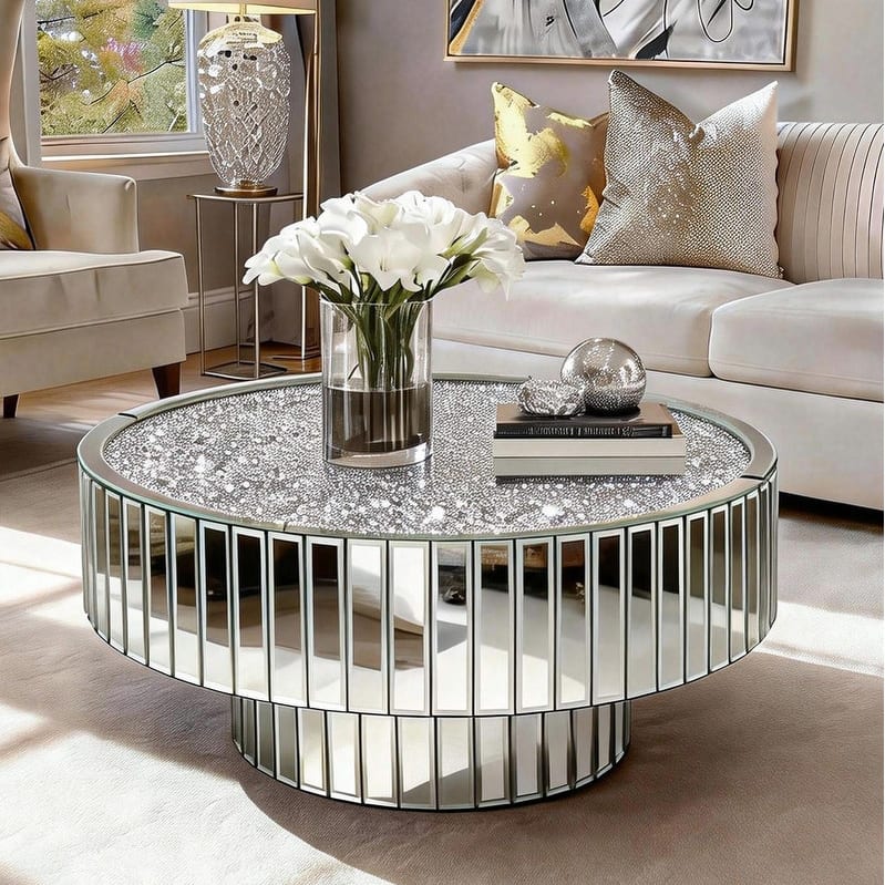 Round Mirrored Coffee Table Accent Table with Crushed Diamond