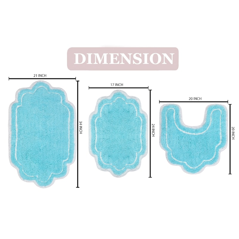 Allure Collection 100% Cotton Non-Slip Bathroom Rug Set, 3 Piece Machine Washable- Bathroom Rug, Bath Rug, U Shaped Contour