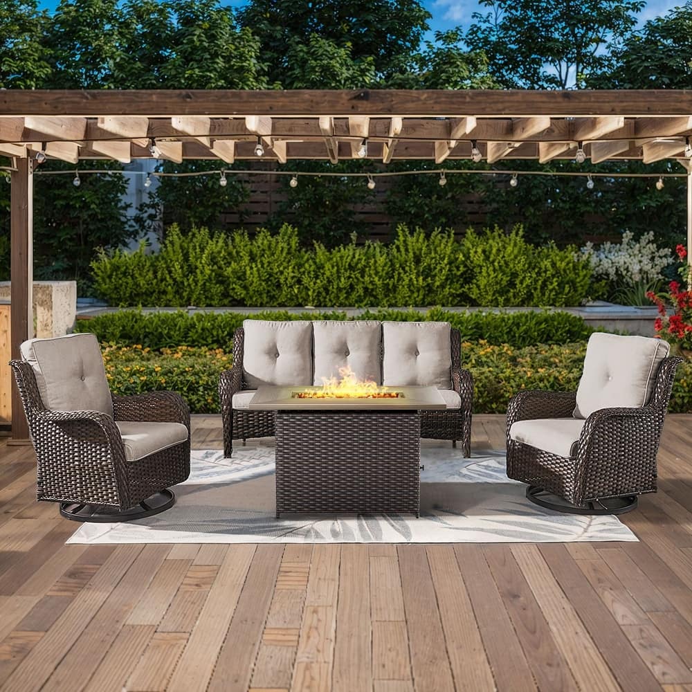 Gymojoy 4-Piece Outdoor Wicker Patio Furniture with Fire Pit Table, Rattan Coversation Set with Water Resistant Thick Cushions