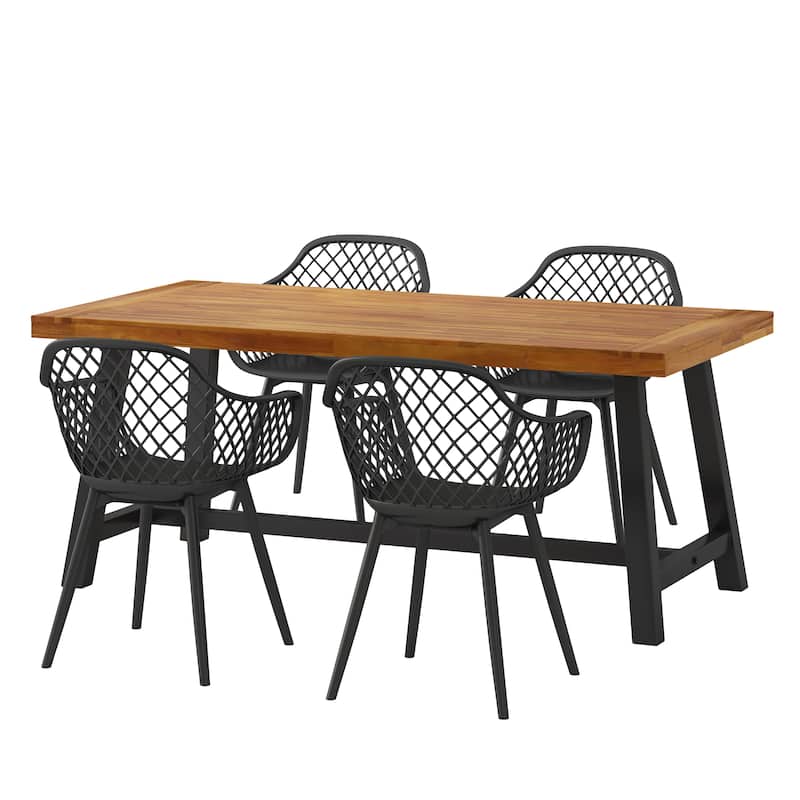 Christopher Knight Home Outdoor 5-Piece Acacia Wood Dining Sets with Polypropylene Accent Chairs