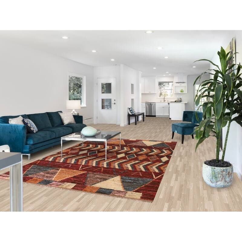 Hand Knotted Oriental 100% Wool Carpet Modern Tribal Red Moroccan Area Rug - 9' 11'' X 6' 4''