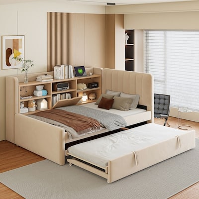 Twin Size Upholstered Daybed with Trundle, Storage Platform Bed Frame with Shelves and Charging Station