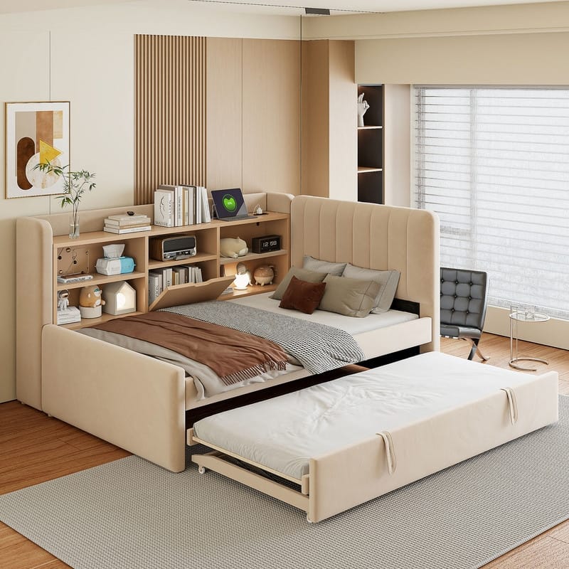 Twin Size Upholstered Daybed with Trundle, Storage Shelves, USB & Outlet