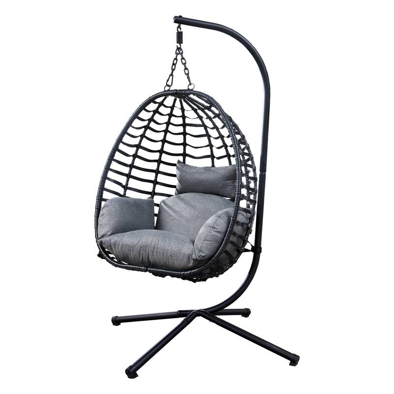 Outdoor Hanging Egg Chair with Stand and Cushion, Red Wicker Patio