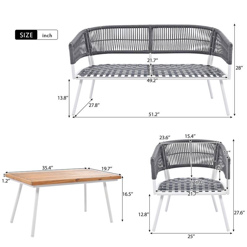 4-Piece Boho Sling Patio Conversation Set Outdoor Seating Set with Gray Cushions and Acacia Wood Coffee Table