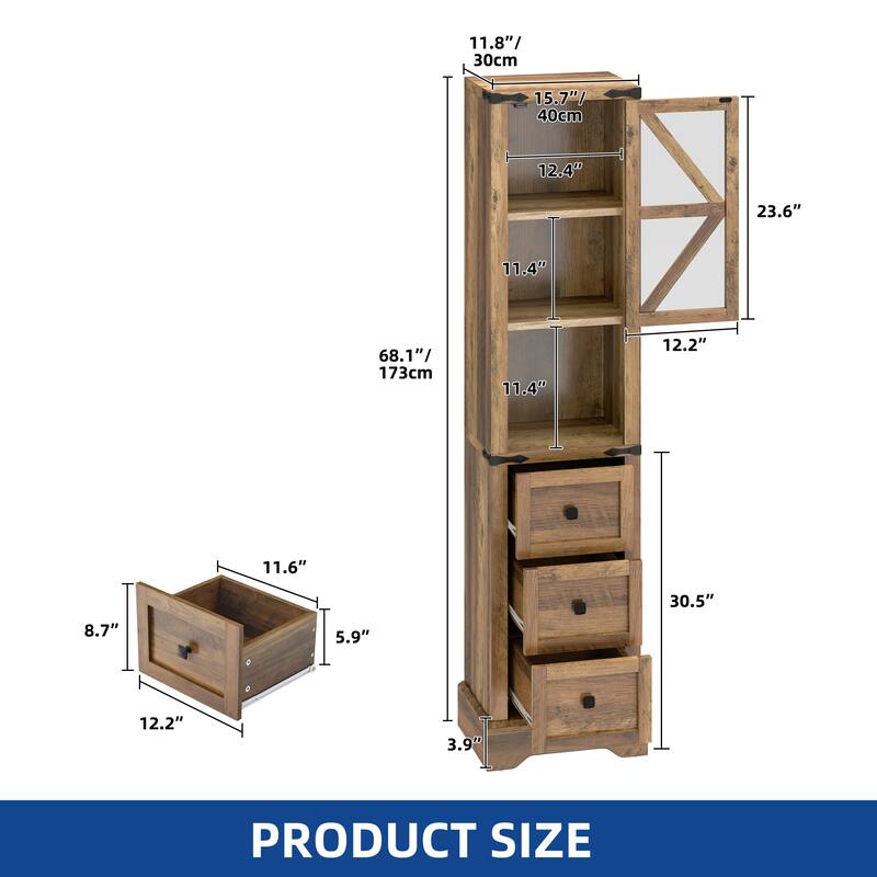 Moasis Farmhouse 67" Tall Linen Tower Bathroom Cabinet with 3 Drawers