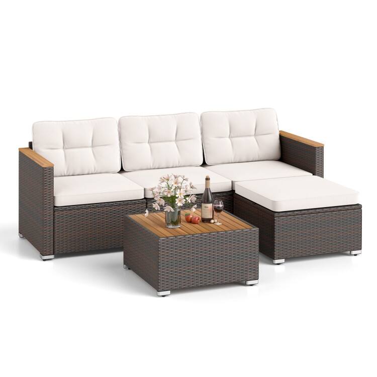 5 Piece Mix Brown Rattan Metal Outdoor Sofa Conversation Set with Off-White Cushions and Wood Table