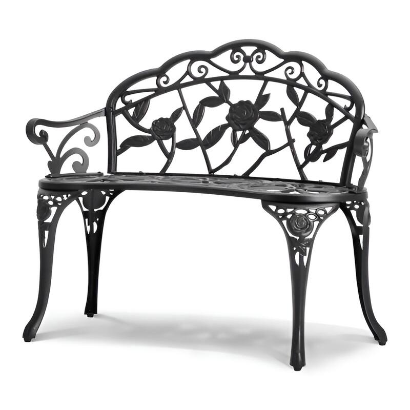 Black Metal Outdoor Garden Bench, Floral Design, 480lb Patio Seating - 22.4” L x 38.8” W x 31.1” H