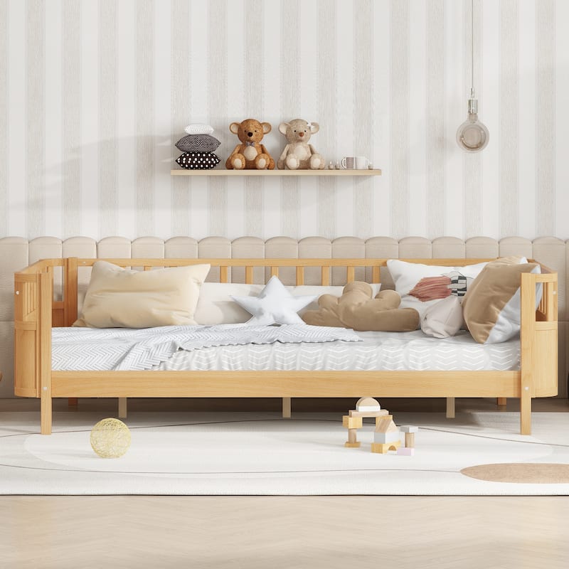 Multi Size Low Platform Bed for Kids with Rounded Corners Guardrails, Detachable Right-side Fence and Open Left-side Design