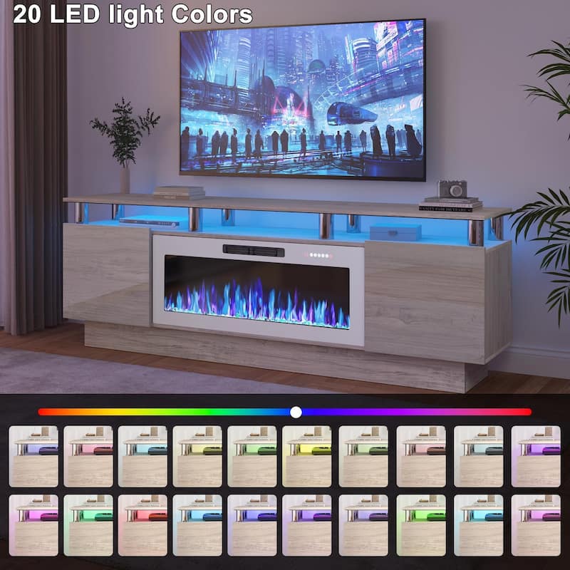 BOSSIN 70" Modern Electric Fireplace TV Stand, with Electronic Flame and LED Lights, High Gloss Finish Entertainment Center