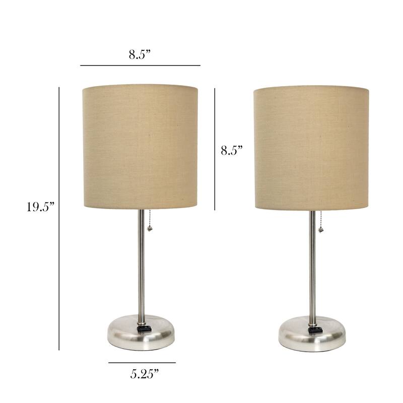 19.5 in. Brushed Steel Finish Table Lamp with Beige Shade, Desk Lamp for Writing and Computer Desks, Set of 2