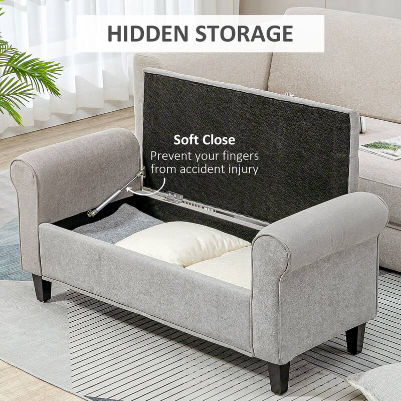 50" Storage Ottoman Bench, Upholstered End of Bed Bench with Rolled Arms, Button Tufted Storage Bench with Safety Hinges
