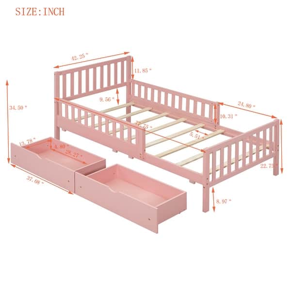 Twin Size Wood Platform Bed with Guardrails and 2 Storage Drawers - Pink