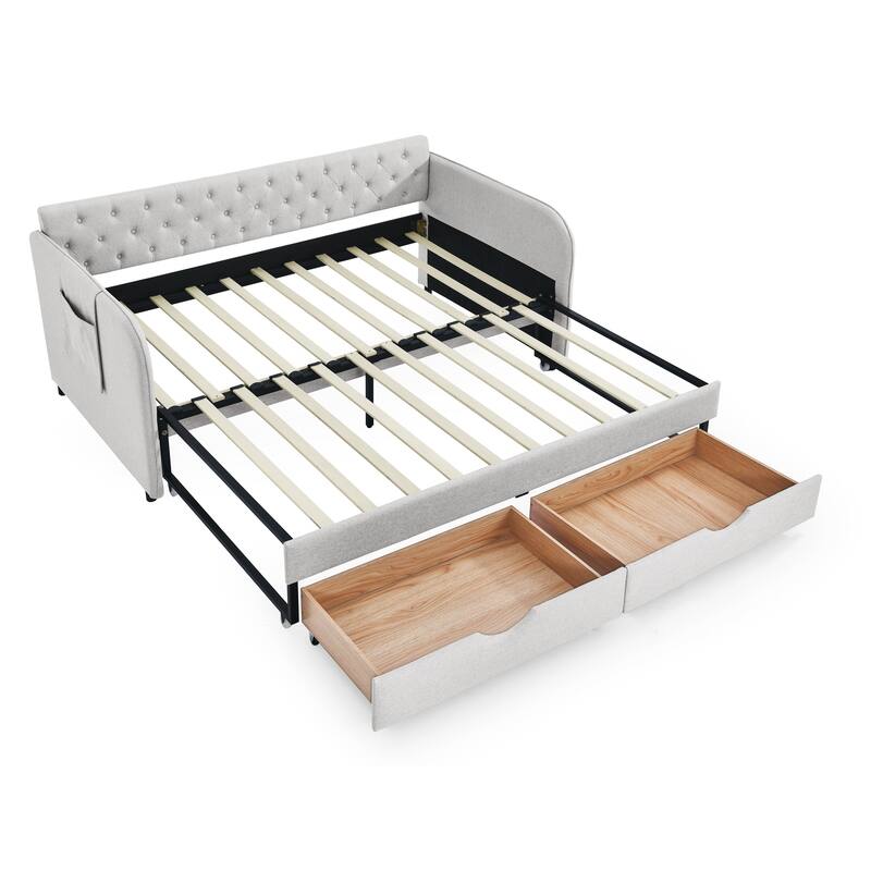 Roomfitters Twin Upholstered Daybed with Trundle, Underbed Storage and Flat Arms with Side Pocket, Extendable Design