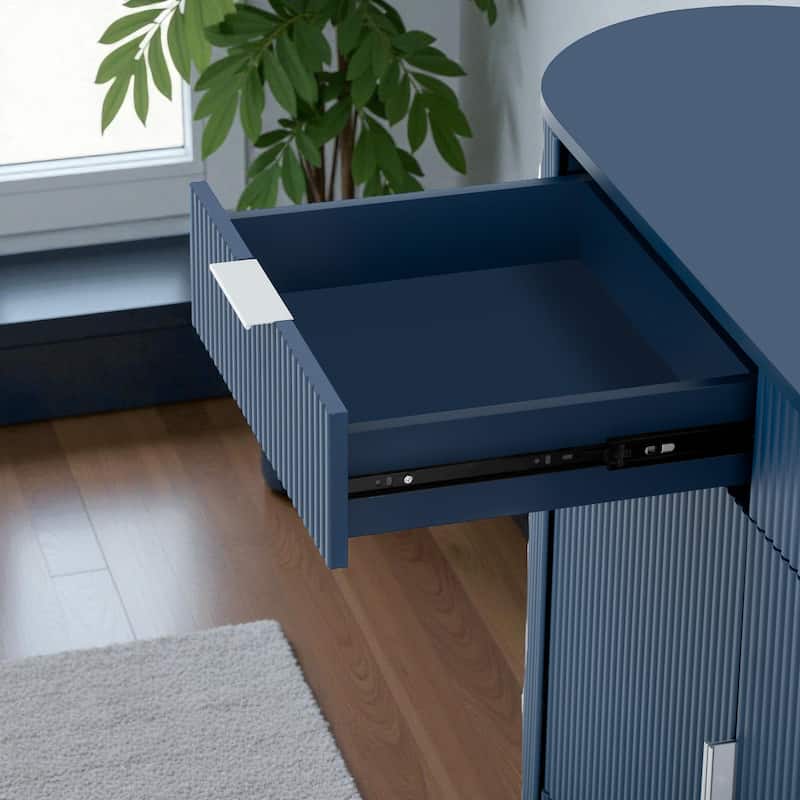 Modern 55.1" Storage Cabinet with Curved Doors, 2 Drawers & Side Shelves, Stripe MDF Buffet Console Table