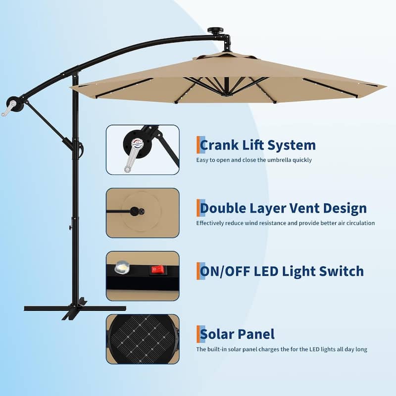 10ft Solar Lights Patio Umbrella, Cantilever Umbrella with Easy Lift and Tilt Adjustment