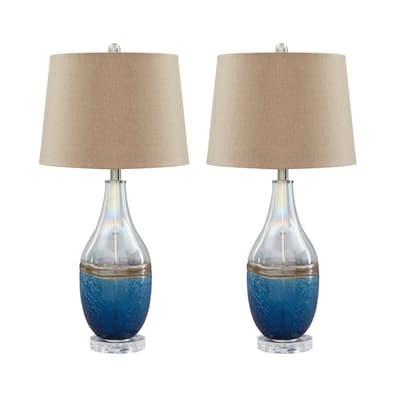 Vase Shape Frame Table Lamp with Fabric Shade, Set of 2, Beige and Blue