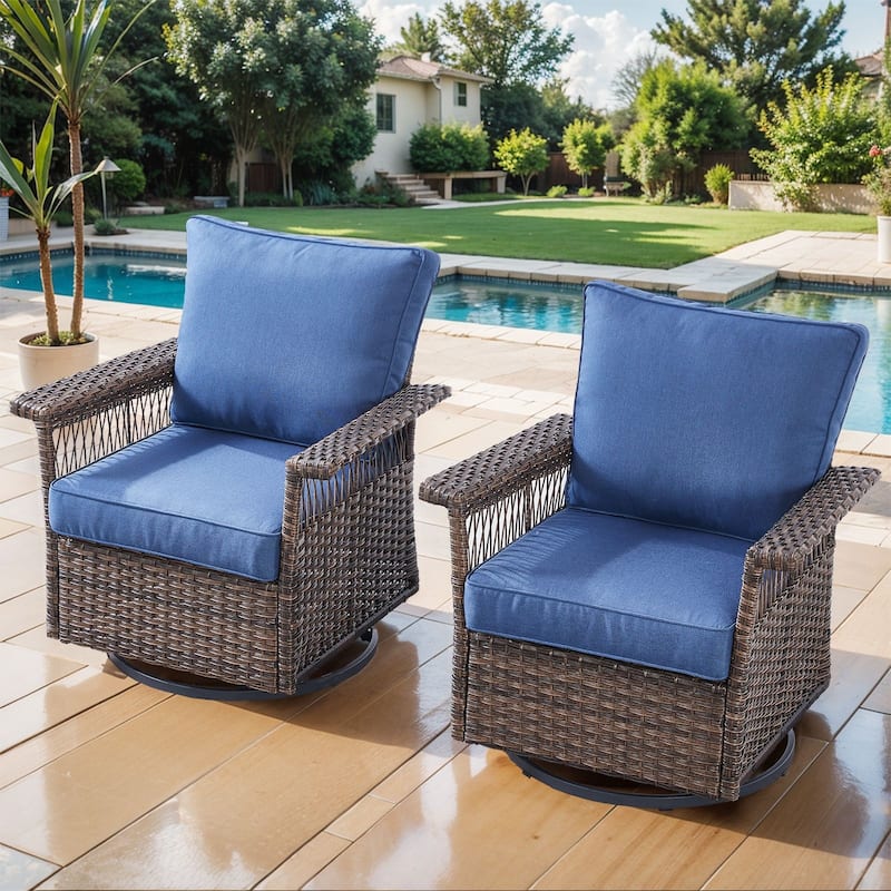 Outdoor Glider Chair with Soft Cushion - Brwon Wicker Blue Cushion - 2PCS Glider Chairs