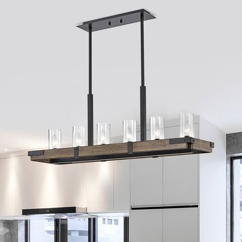Rudi Forged Black+Imitation Wood Grain 6-Light Linear Chandelier with Clear Glass Cylinder Shades