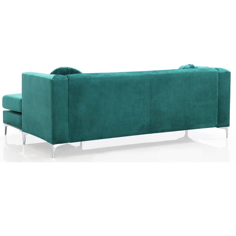 Nailhead Trim Tufted Velvet Sectional Sofa with Throw Pillows - 83" - Green