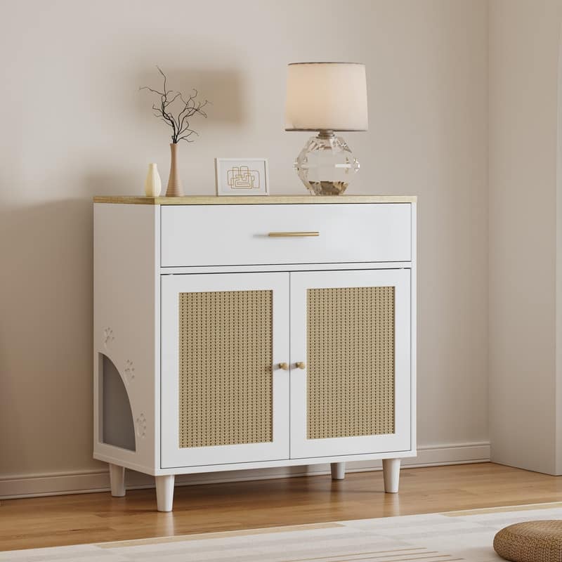 Hidden Litter Box Furniture,Wooden Pet House Sideboard,Storage Cabinet - White
