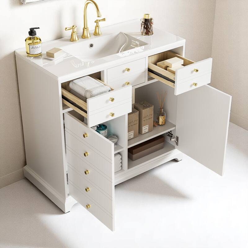 36 Inch Bathroom Vanity with White Ceramic Basin, 2 Soft-Close Drawers and Doors, Freestanding Storage Cabinet
