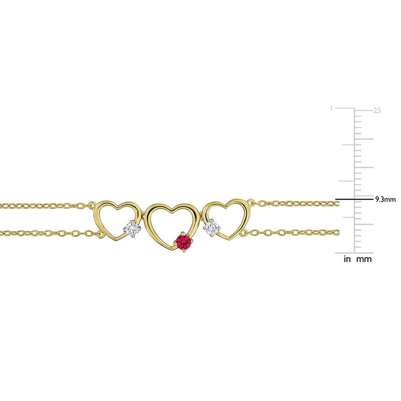 Miadora 1/6ct TGW Created Ruby 1/7ct TW Lab-Grown Diamond Triple Heart Bracelet Yellow Silver
