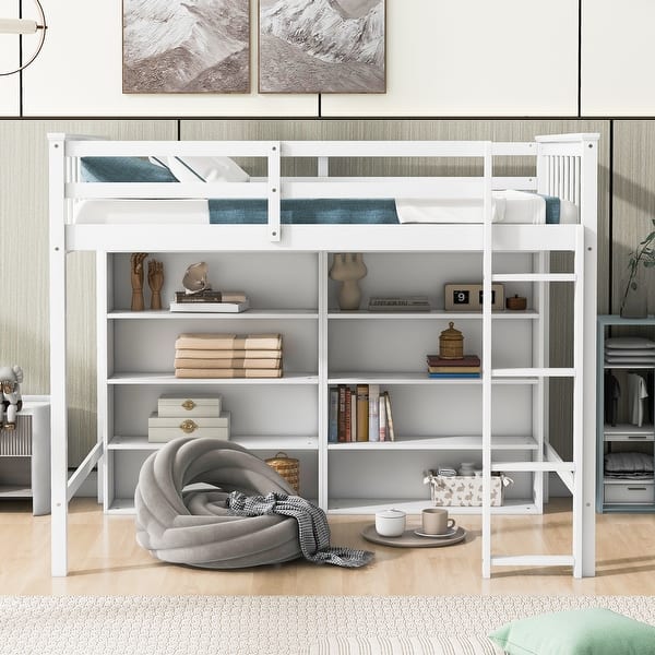slide 2 of 28, Twin Loft Bed with 8 Open Storage Shelves and Ladder, Ideal for Saving Space White - Twin