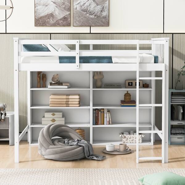slide 2 of 10, Wood Twin Loft Bed Frame with 8 Open Storage Shelves and Ladder,White White - Twin