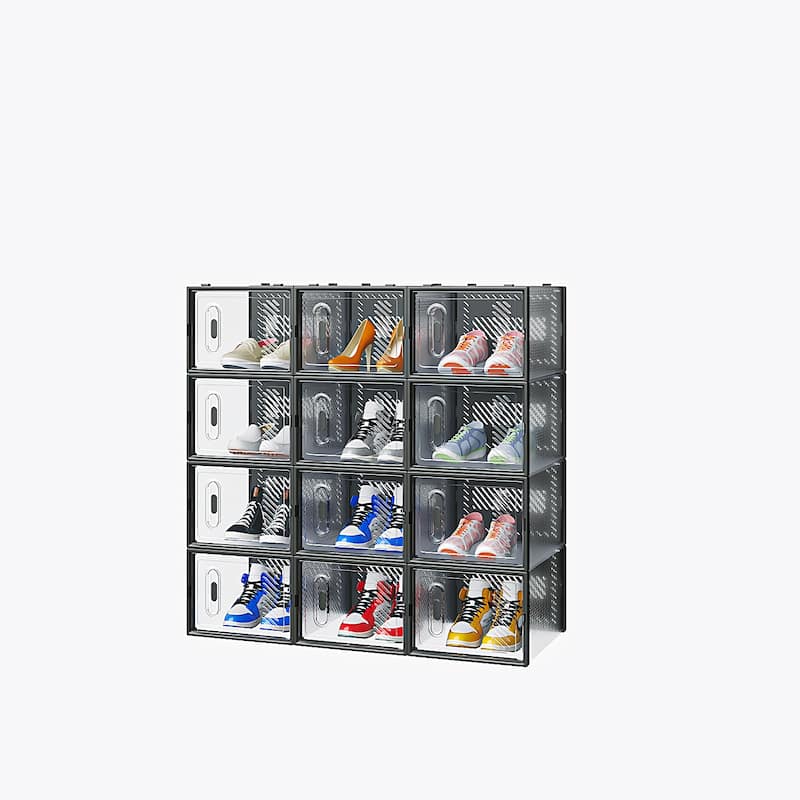 12 Pieces Black Plastic Stackable Shoe Boxes for Home and Dorm Storage Organizer - 36 x 28 x 21 cm