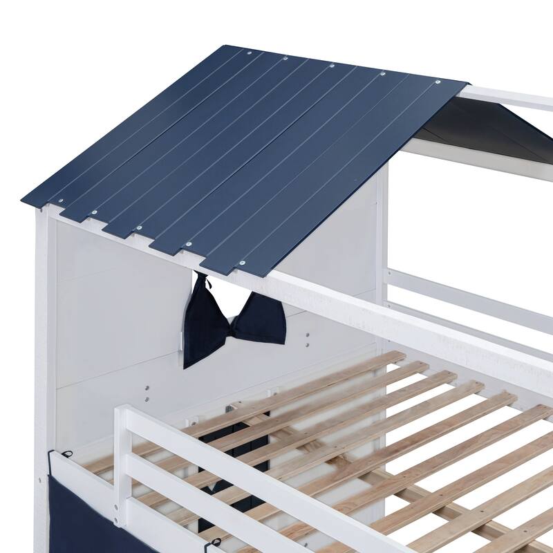 Full Size Bunk Wood House Bed with Elegant Windows, Sills and Tent