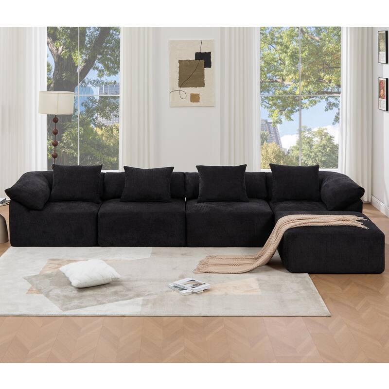 142" L Shaped Modular Sectional Sofa, 5 Piece Couch, Convertible Sleeper, Chenille, Black