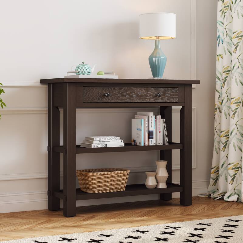 36" Retro Console Table with Drawer and Two Sturdy Shelves for Entryway or Living Room