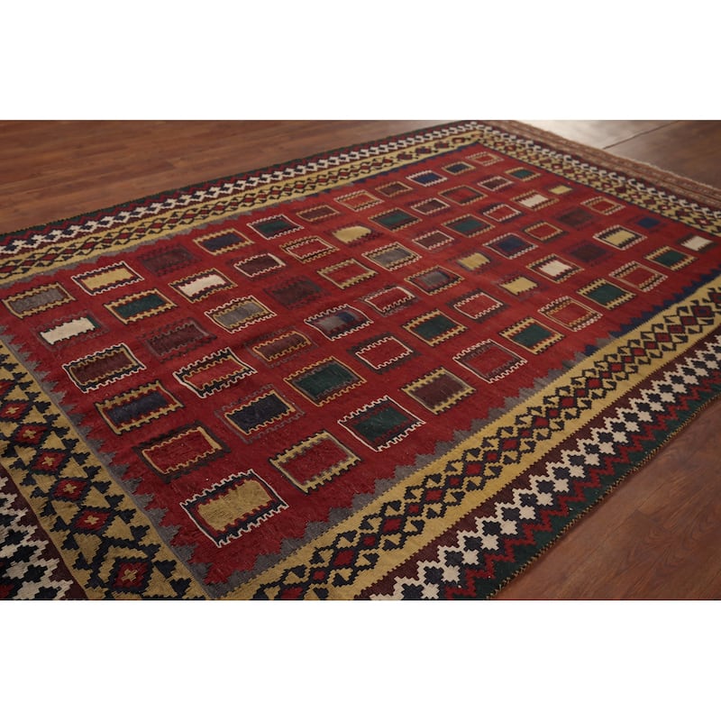 Vegetable Dye Red Kilim Qashqai Persian Vintage Wool Carpet - 5'6"x 9'3"