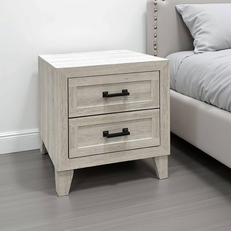 Miot Nightstand, 2 Drawers w Metal Handles, White Wash Wood, 24 Inch