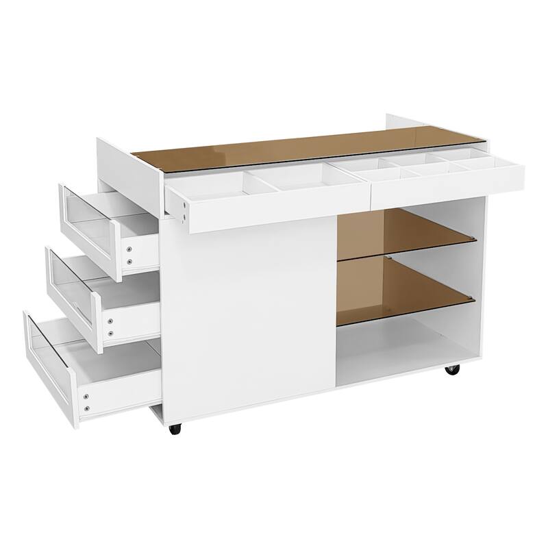 Roomfitters Multi-Functional Storage Island Vanity Console with Glass Display Shelves and Reversible Top, White