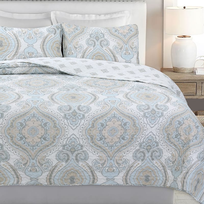 Cozy Line Modern Medallion Sky Blue Tan Gray Brocade Polyester Quilt Bedding Set