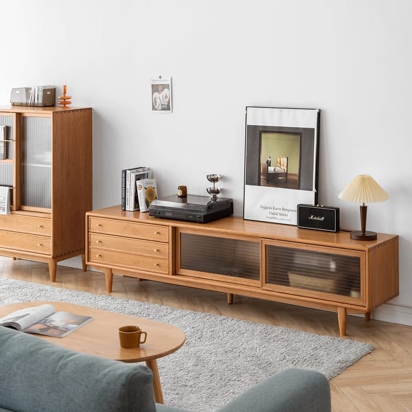 slide 2 of 13, Christopher Knight Home - Yuehua Solid Cherry Wood 78" TV Stand with Changhong Glass Doors & Dual Drawer Storage Natural Wood