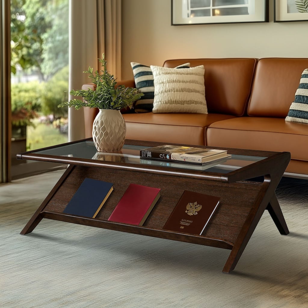 Roomfitters 45-Inch Mid-Century Coffee Table, Morocco Brown Solid Wood Frame with Tempered Glass Top and Angled Display Shelf