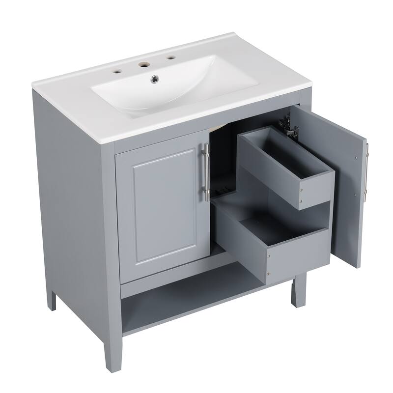 30" Bathroom Vanity Set with Sink, Solid Wood & MDF Board, Freestanding with Multi-Functional Drawers & Doors