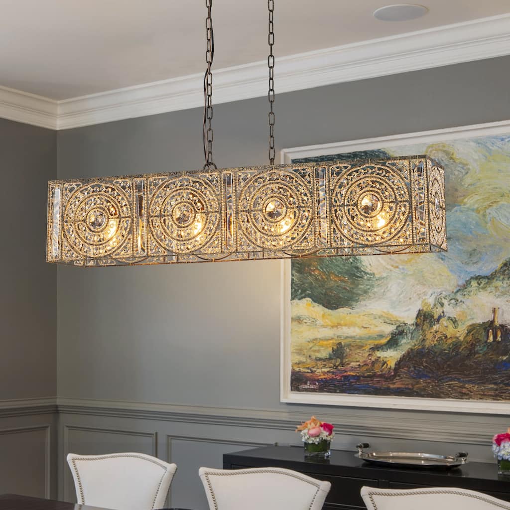 Vintage-Style 4-Light Linear Rectangular Crystal Pendant Light